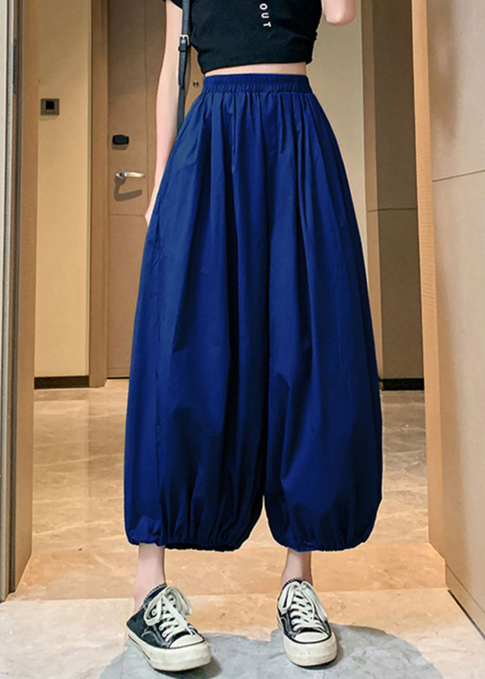 Blue Pockets Elastic Waist Crop Pants Summer Qb026