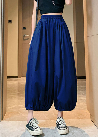Blue Pockets Elastic Waist Crop Pants Summer Qb026