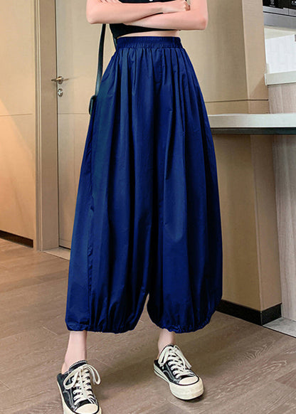 Blue Pockets Elastic Waist Crop Pants Summer Qb026