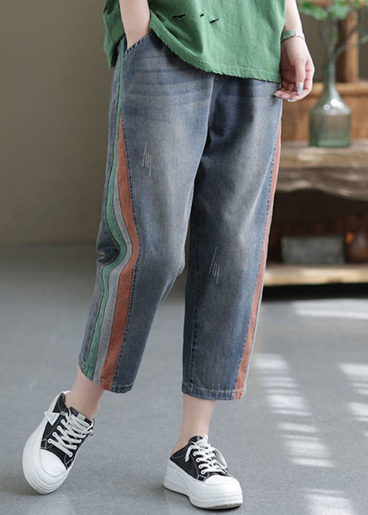 Blue Pockets Elastic Waist Denim Crop Pants Summer Bv081