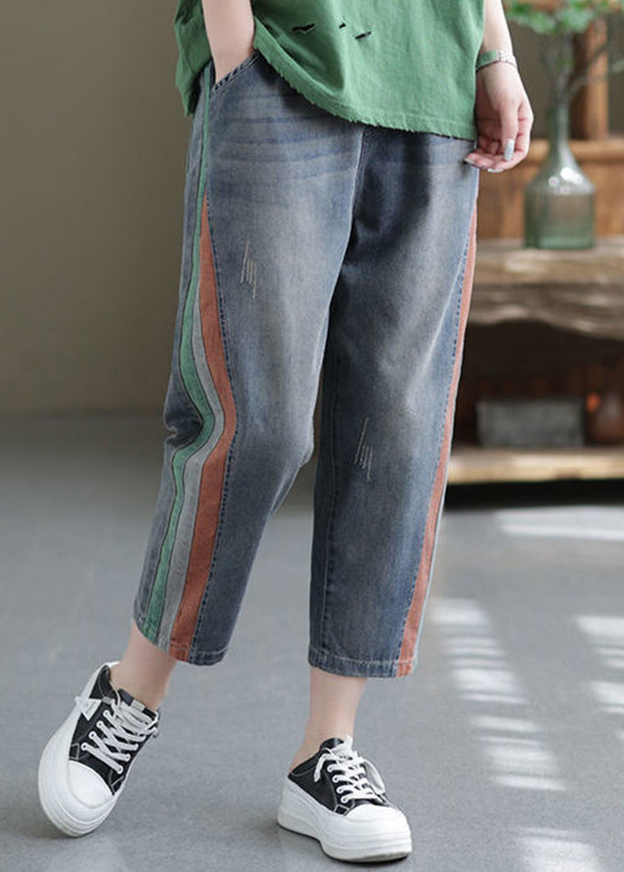 Blue Pockets Elastic Waist Denim Crop Pants Summer Bv081