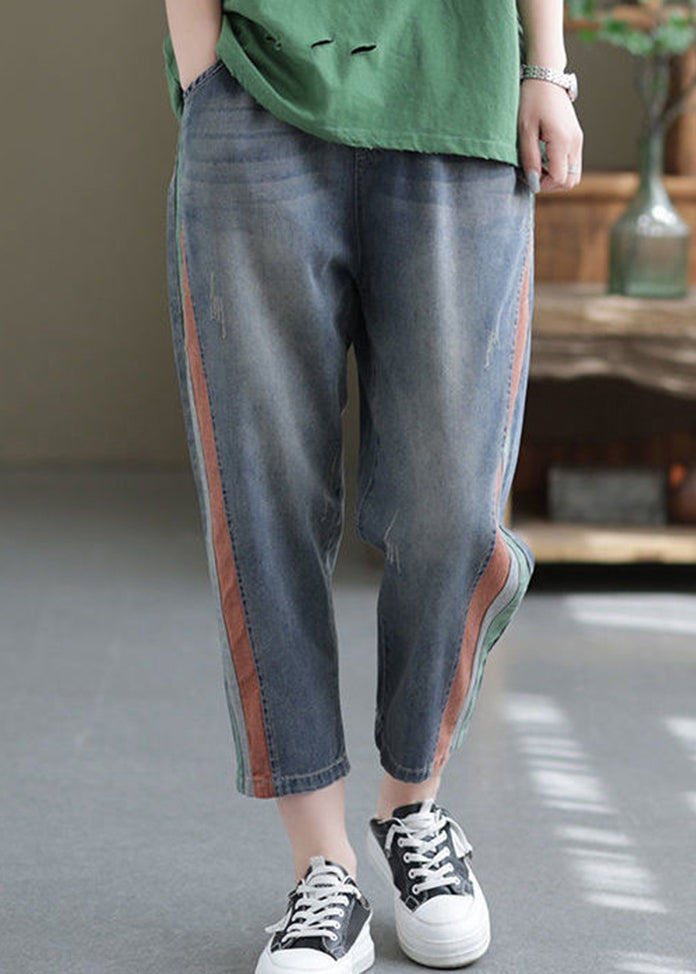 Blue Pockets Elastic Waist Denim Crop Pants Summer Bv081
