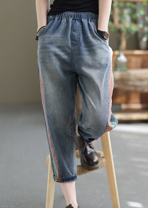 Blue Pockets Elastic Waist Denim Crop Pants Summer Bv081