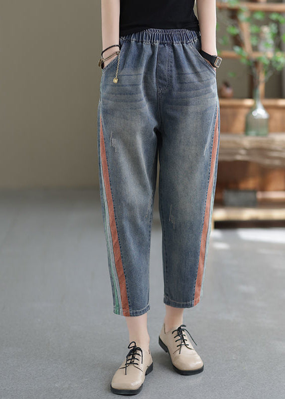 Blue Pockets Elastic Waist Denim Crop Pants Summer Bv081