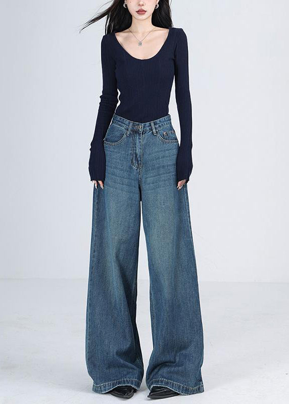Blue Pockets High Waist Denim Wide Leg Pants Winter Rs041