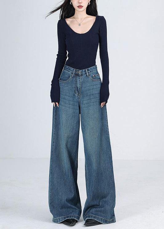 Blue Pockets High Waist Denim Wide Leg Pants Winter Rs041