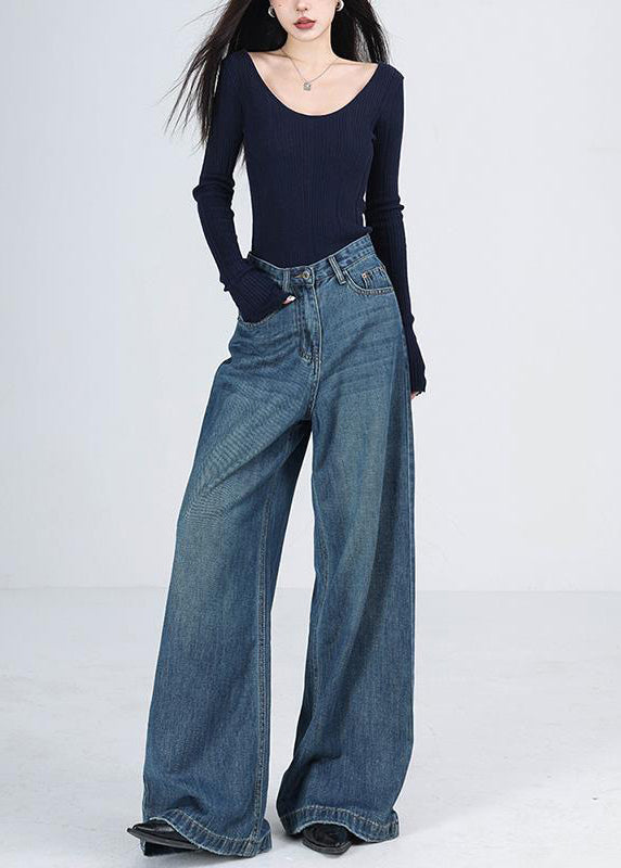 Blue Pockets High Waist Denim Wide Leg Pants Winter Rs041