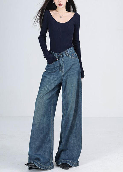 Blue Pockets High Waist Denim Wide Leg Pants Winter Rs041