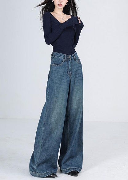 Blue Pockets High Waist Denim Wide Leg Pants Winter Rs041