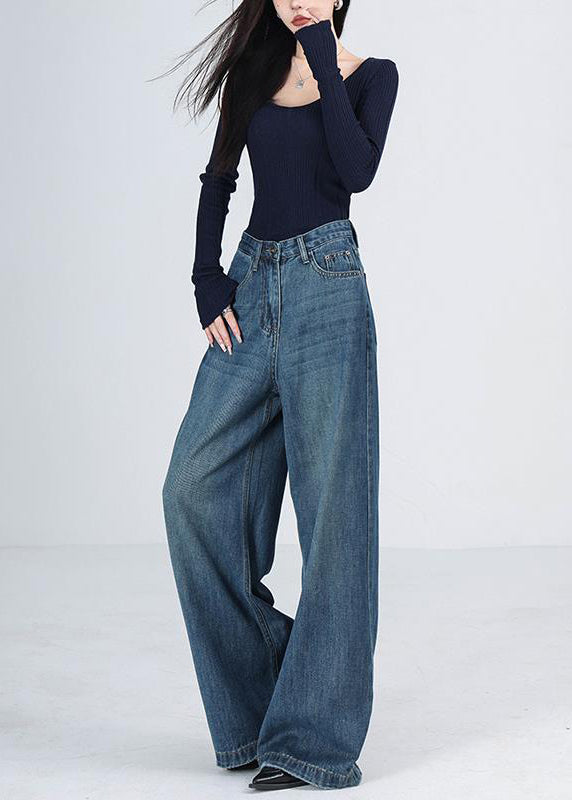 Blue Pockets High Waist Denim Wide Leg Pants Winter Rs041