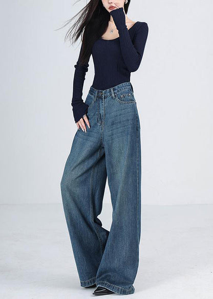 Blue Pockets High Waist Denim Wide Leg Pants Winter Rs041