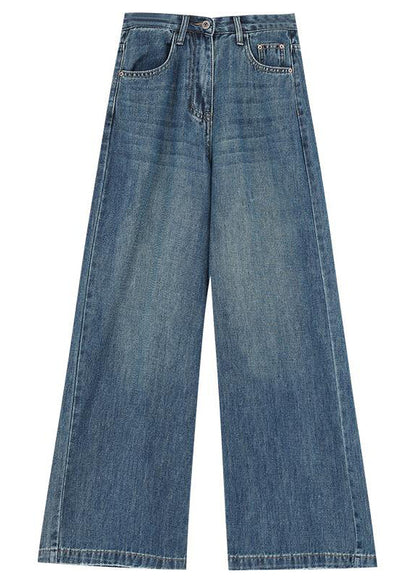 Blue Pockets High Waist Denim Wide Leg Pants Winter Rs041