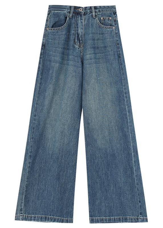 Blue Pockets High Waist Denim Wide Leg Pants Winter Rs041