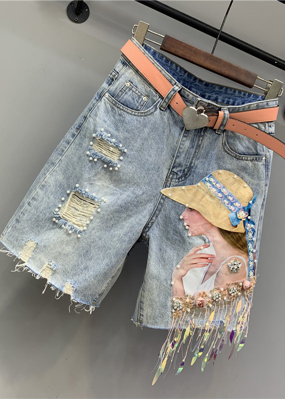 Blue Print Nail Bead Tassel Ripped Shorts Ty1021