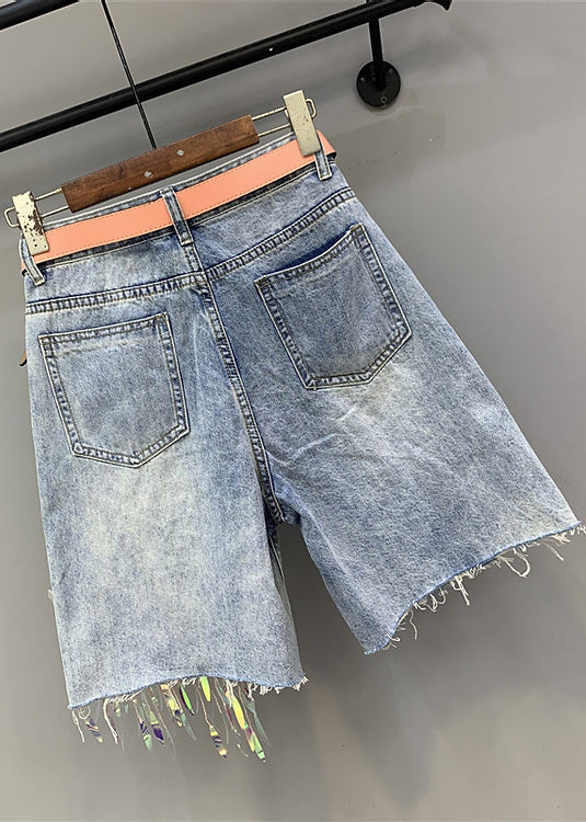Blue Print Nail Bead Tassel Ripped Shorts Ty1021