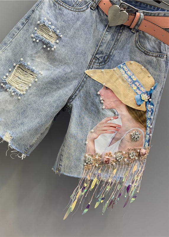 Blue Print Nail Bead Tassel Ripped Shorts Ty1021