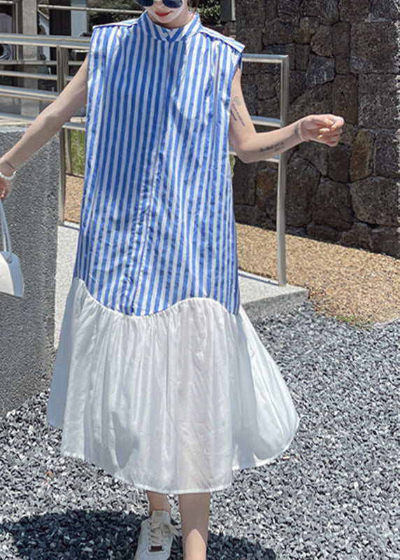 Blue Striped Patchwork Button Chiffon Long Dress Summer Uu1034