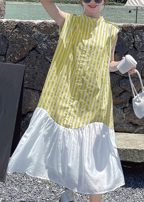 Blue Striped Patchwork Button Chiffon Long Dress Summer Uu1034
