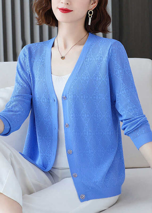 Blue V Neck Ice Silk Knit Loose Coat Fall Qo038