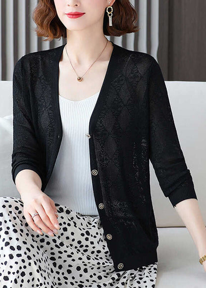 Blue V Neck Ice Silk Knit Loose Coat Fall Qo038