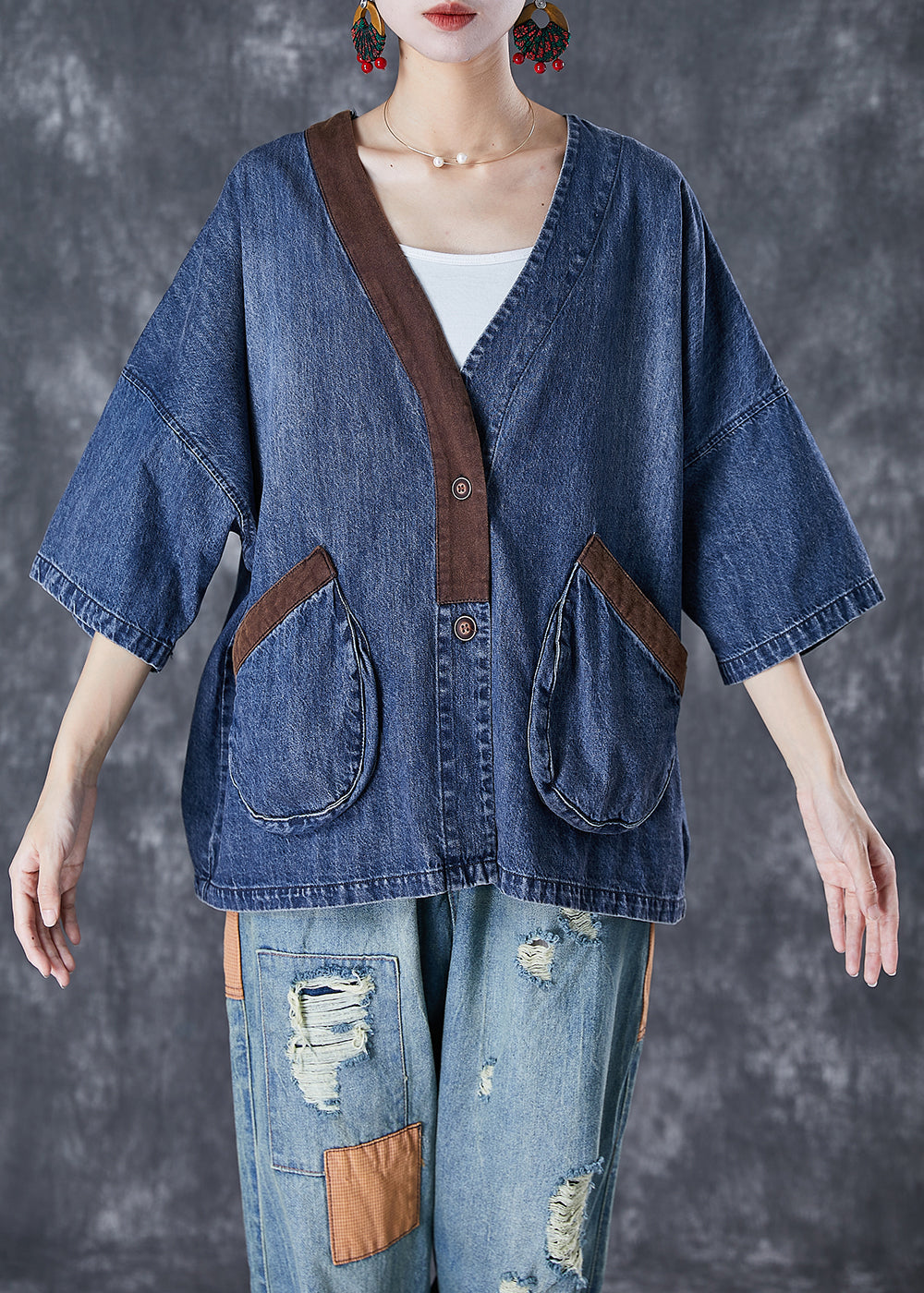 Blue V Neck Patchwork Pockets Denim Coats Summer Td1045