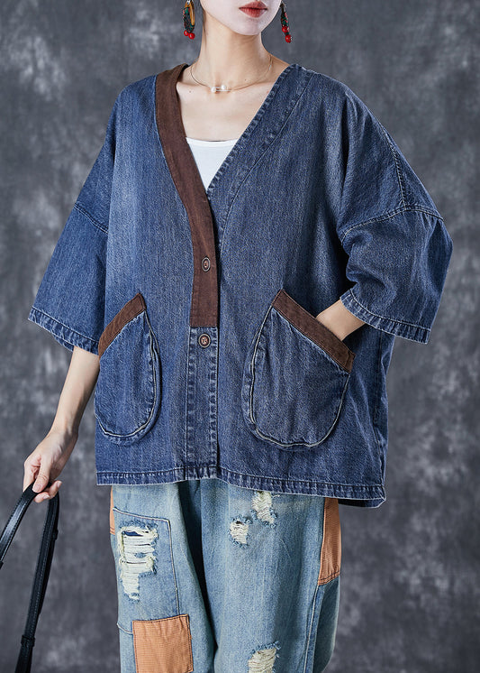 Blue V Neck Patchwork Pockets Denim Coats Summer Td1045