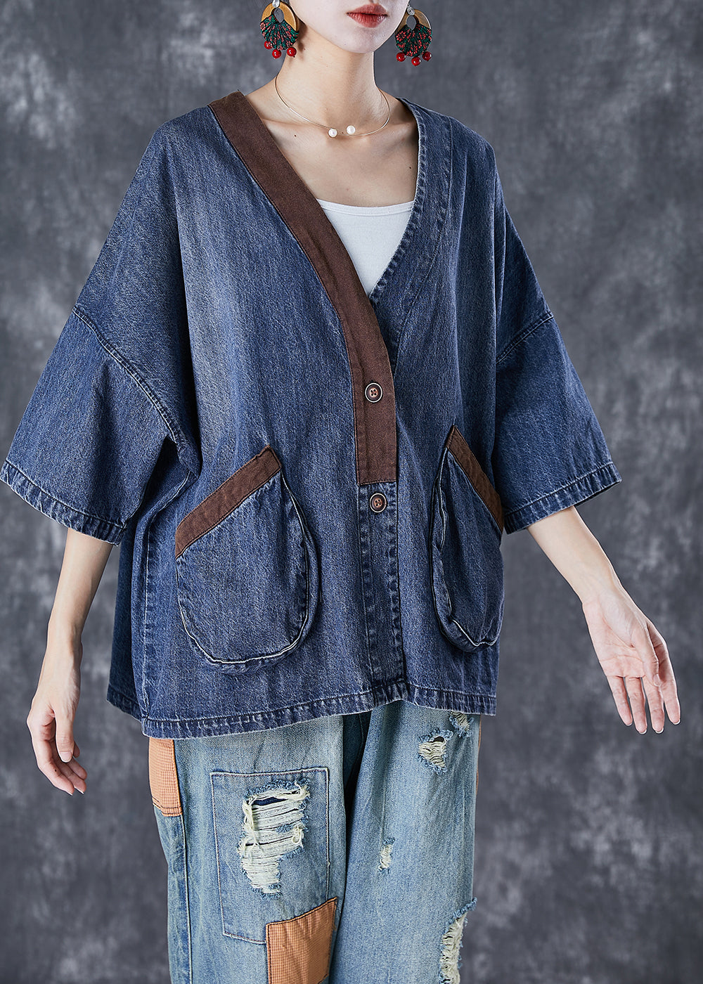 Blue V Neck Patchwork Pockets Denim Coats Summer Td1045