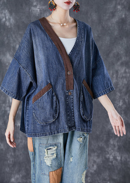 Blue V Neck Patchwork Pockets Denim Coats Summer Td1045
