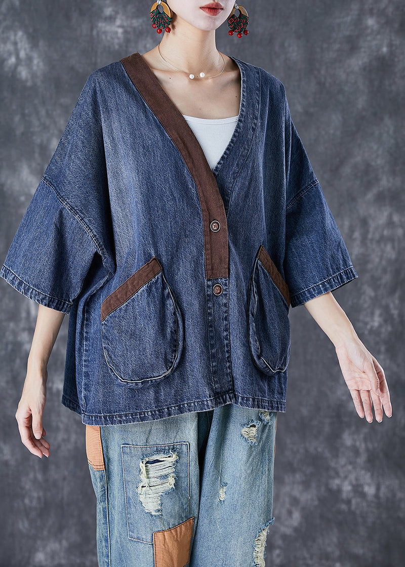 Blue V Neck Patchwork Pockets Denim Coats Summer Td1045