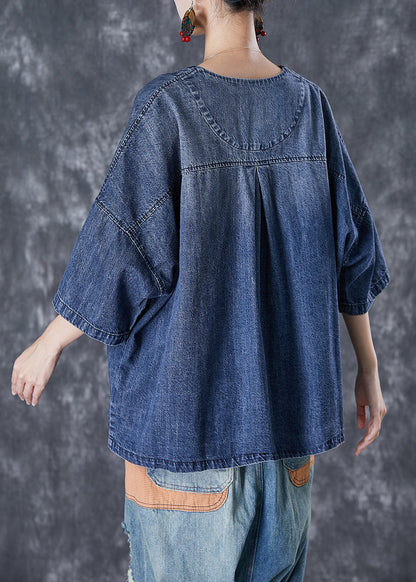 Blue V Neck Patchwork Pockets Denim Coats Summer Td1045