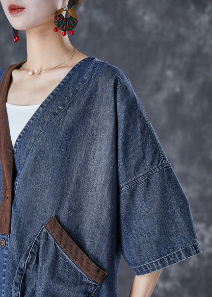 Blue V Neck Patchwork Pockets Denim Coats Summer Td1045