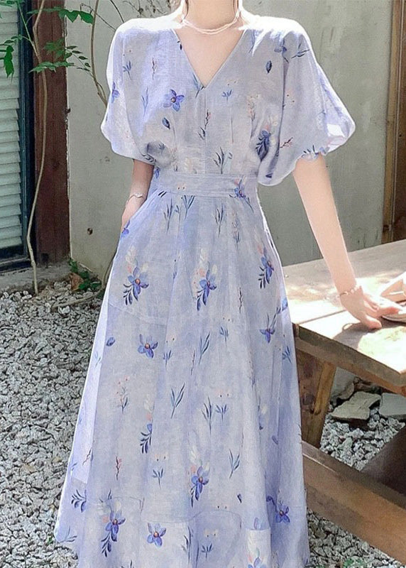 Blue V Neck Print Cotton Long Dress Summer Kj006