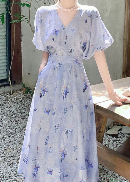 Blue V Neck Print Cotton Long Dress Summer Kj006