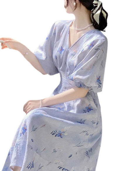 Blue V Neck Print Cotton Long Dress Summer Kj006