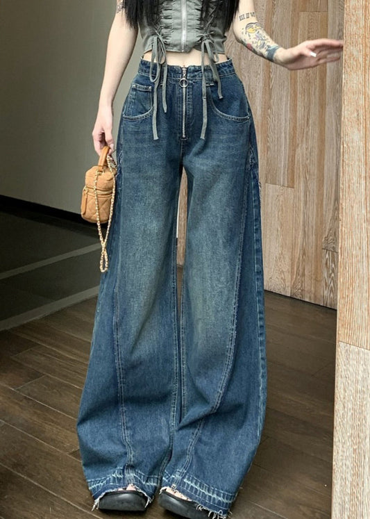 Blue Zip Up Pockets Denim Wide Leg Pants Summer Pp017