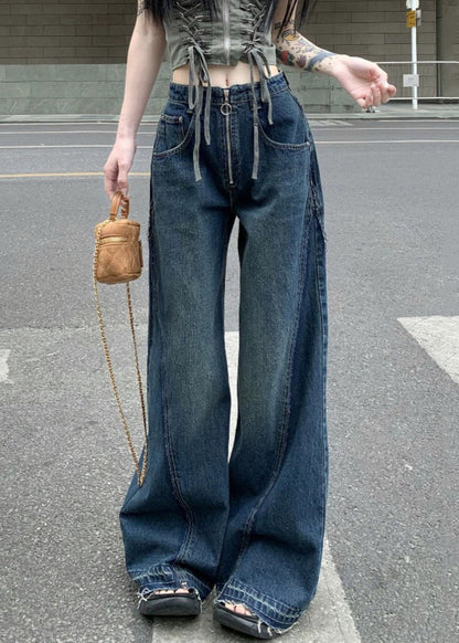 Blue Zip Up Pockets Denim Wide Leg Pants Summer Pp017