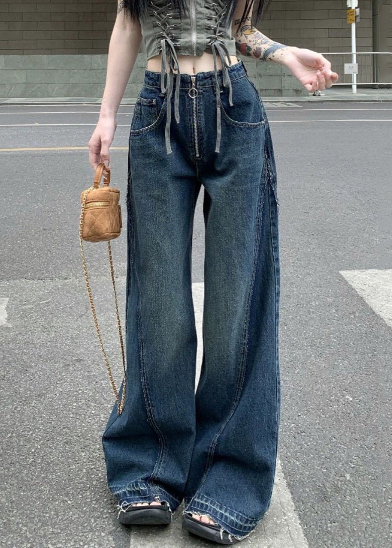 Blue Zip Up Pockets Denim Wide Leg Pants Summer Pp017