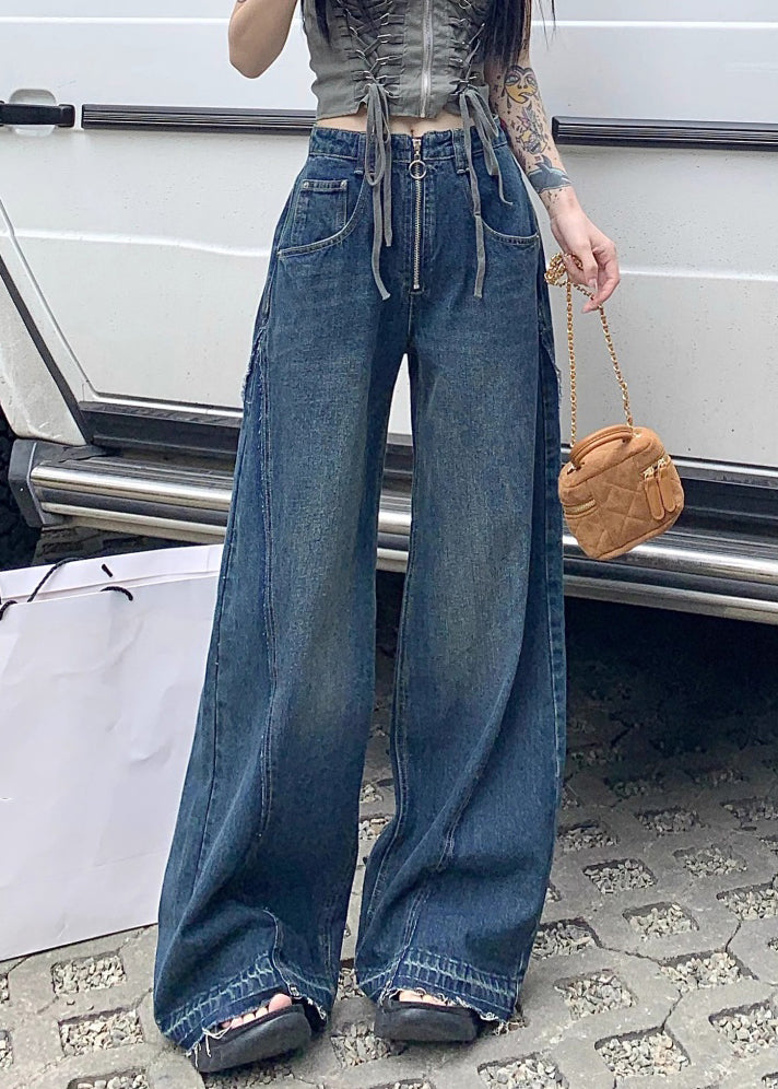 Blue Zip Up Pockets Denim Wide Leg Pants Summer Pp017