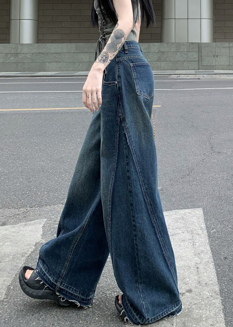Blue Zip Up Pockets Denim Wide Leg Pants Summer Pp017
