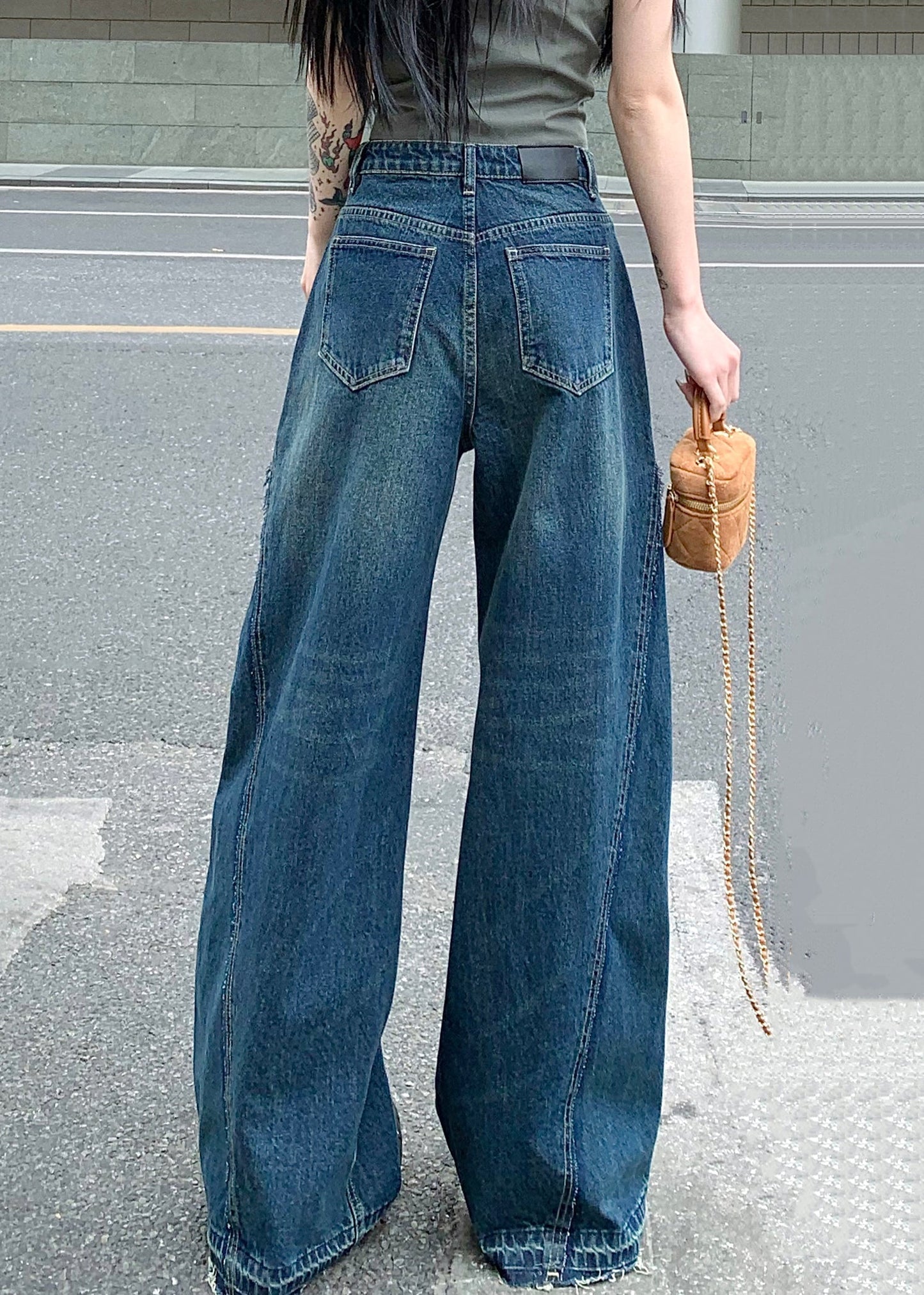 Blue Zip Up Pockets Denim Wide Leg Pants Summer Pp017