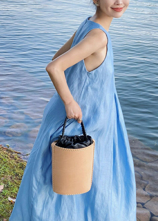 Blue Zip Up Cotton Maxi Dress Sleeveless Xx084