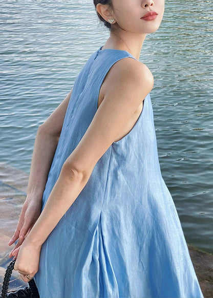 Blue Zip Up Cotton Maxi Dress Sleeveless Xx084