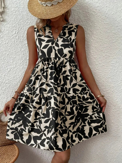 Print Mini Sleeveless Ruffle a Line Tank Beach Midi Dresses