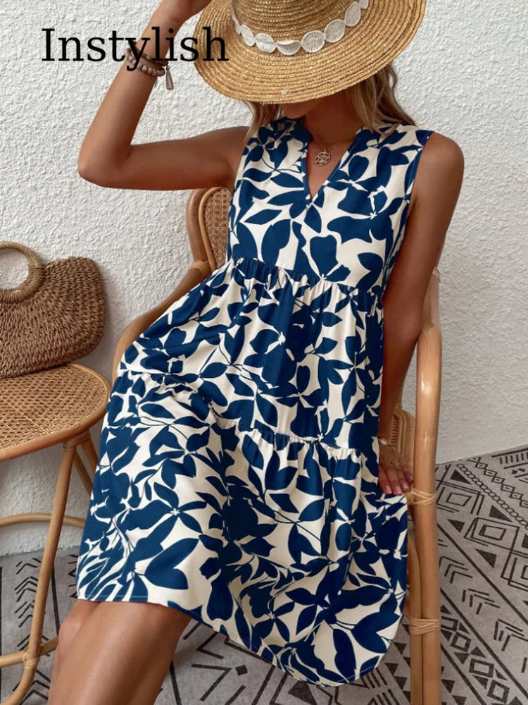 Print Mini Sleeveless Ruffle a Line Tank Beach Midi Dresses