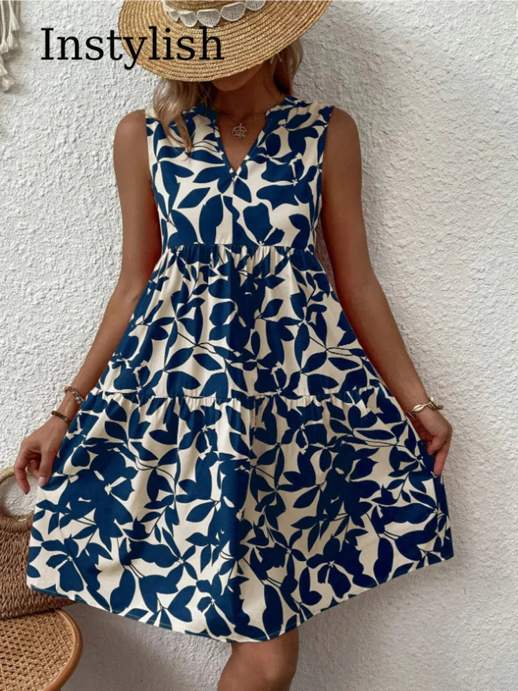 Print Mini Sleeveless Ruffle a Line Tank Beach Midi Dresses
