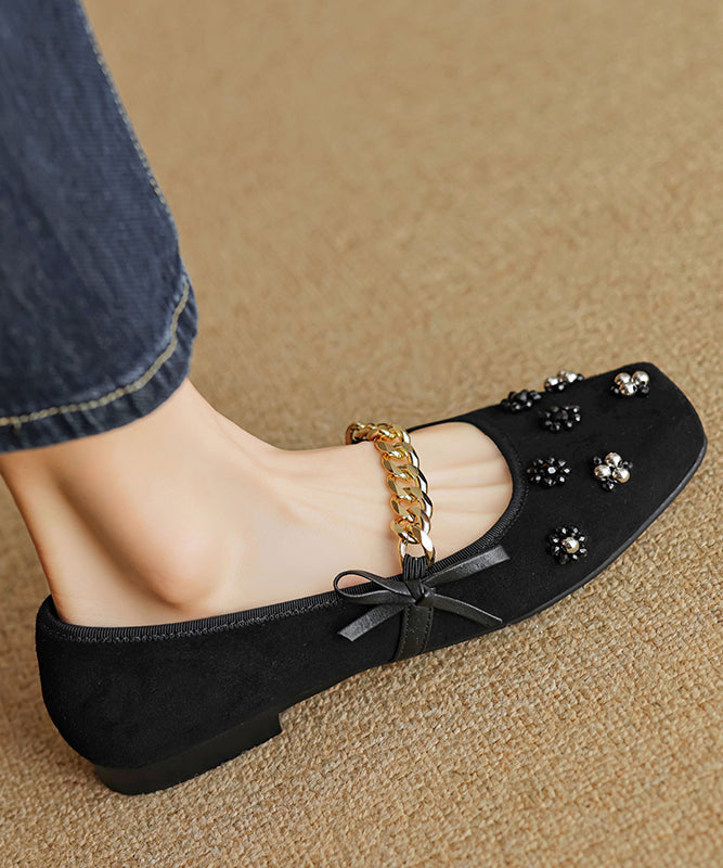 Bow Nail Bead Flat Feet Shoes Black Suede Ap1056