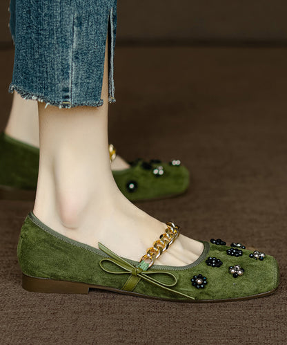 Bow Nail Bead Flat Feet Shoes Black Suede Ap1056