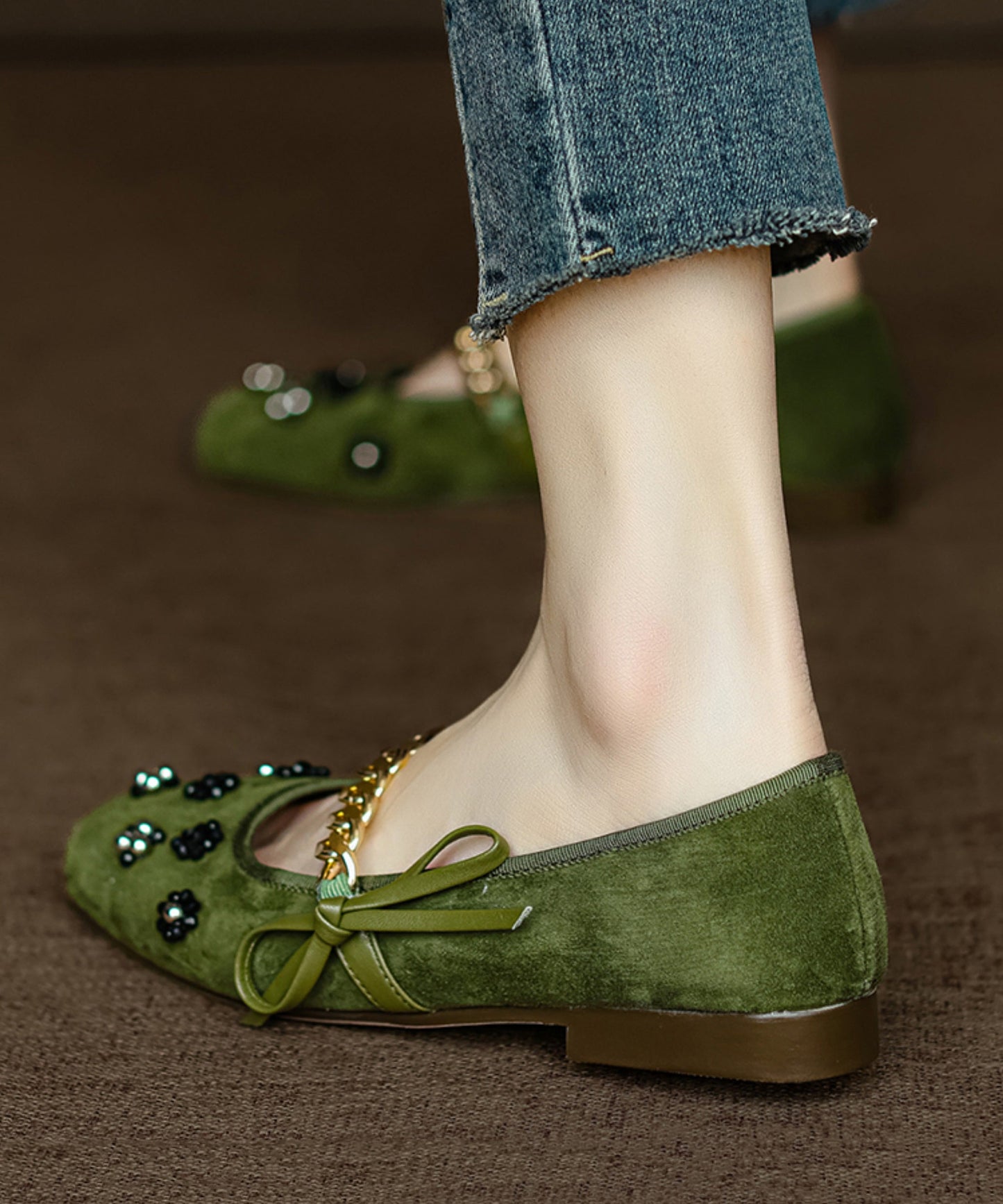Bow Nail Bead Flat Feet Shoes Black Suede Ap1056