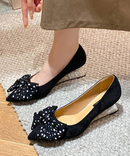 Splicing Wedge Toe Black Pointed Bow Suede Shoes