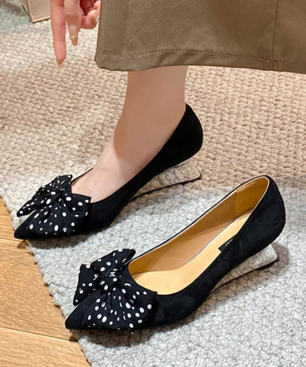 Suede Bow Black Toe Wedge Pointed Shoes Splicing